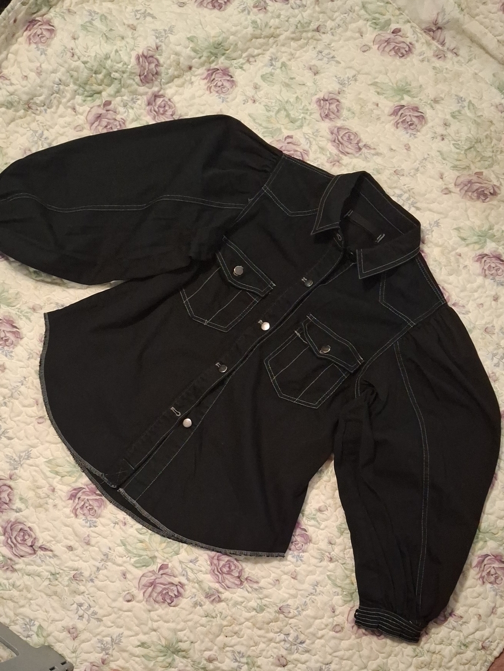 We The Free Black Wash Button-Front With Contrast Stitching & Puffed Sleeved